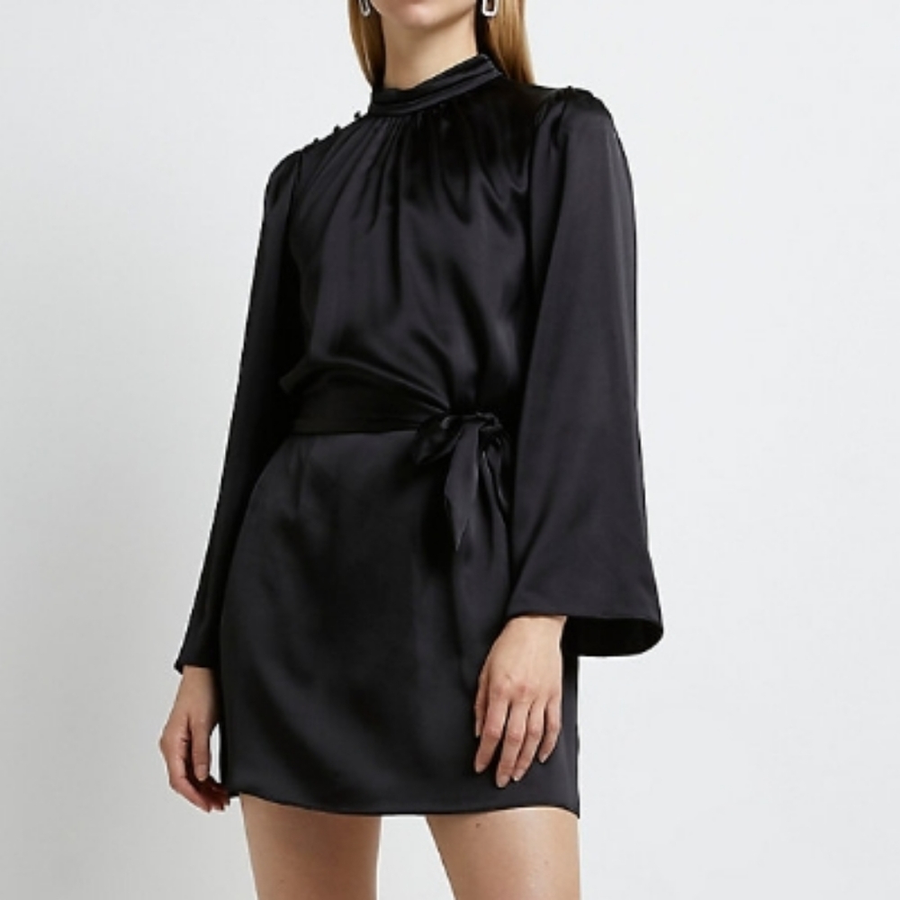 Asos River Island fluted sleeve satin mini dress in black - Picture 1 of 6